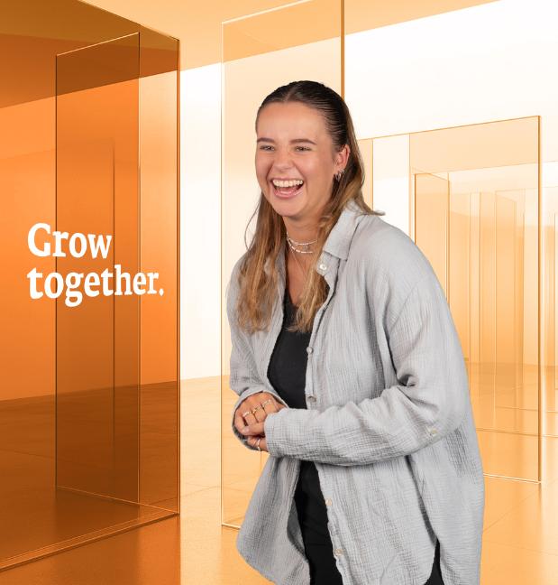 Person in gray shirt, text says Grow together.