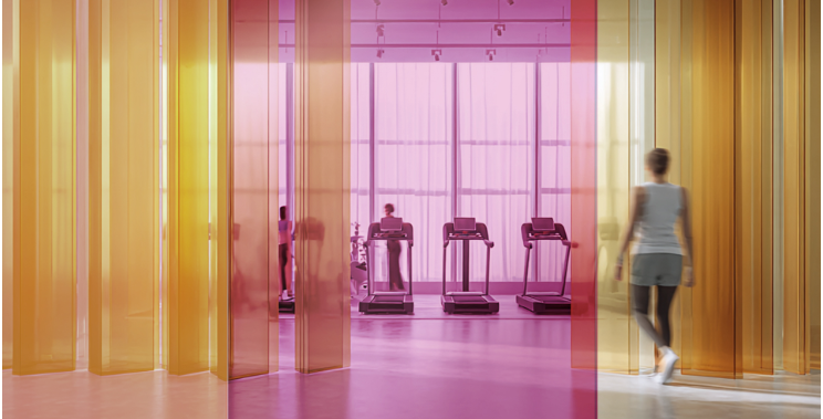 Fitnessstudio durch orange und pinkes Glas gesehen