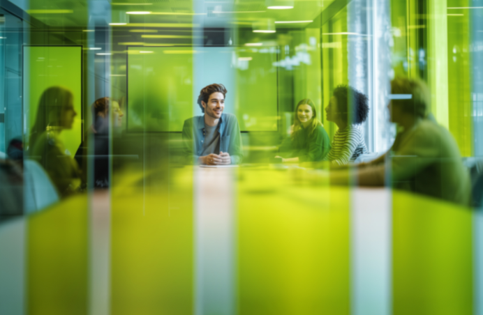 Teambesprechung durch gelbes Glas im Büro
