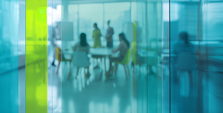 Meeting im Büro durch Glaswände betrachtet