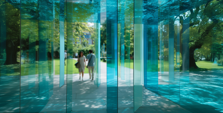 Paar geht draußen durch blaue Glasscheiben