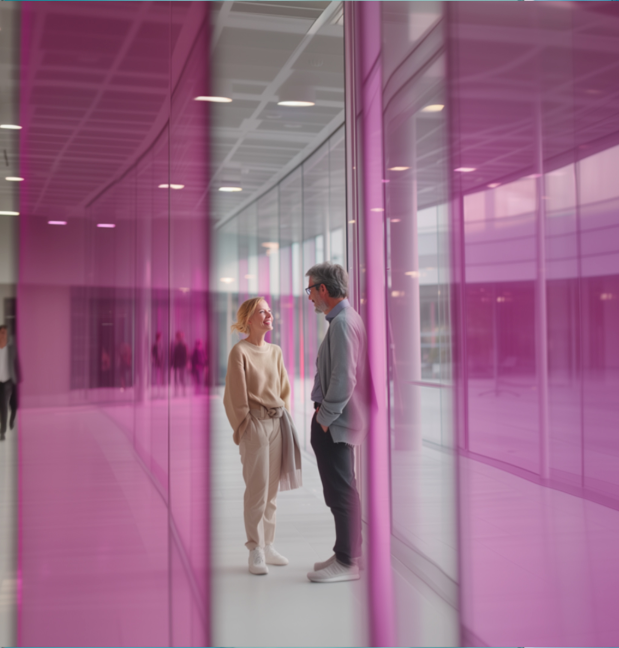 Zwei Kollegen im Gespräch im modernen Glaskorridor