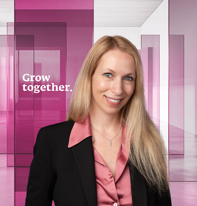 Smiling woman with text Grow together