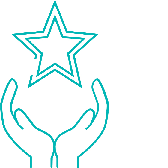 Outlined hands lifting a star in simple teal graphic
