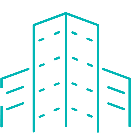 Simple teal outline of a tall building with windows