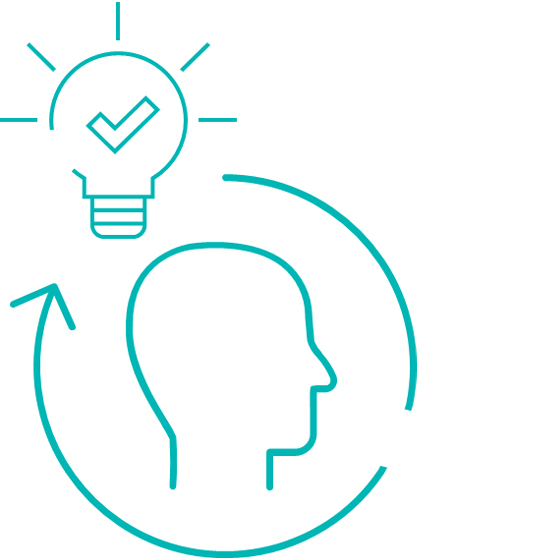 Outline head with arrow loop and lit bulb checkmark