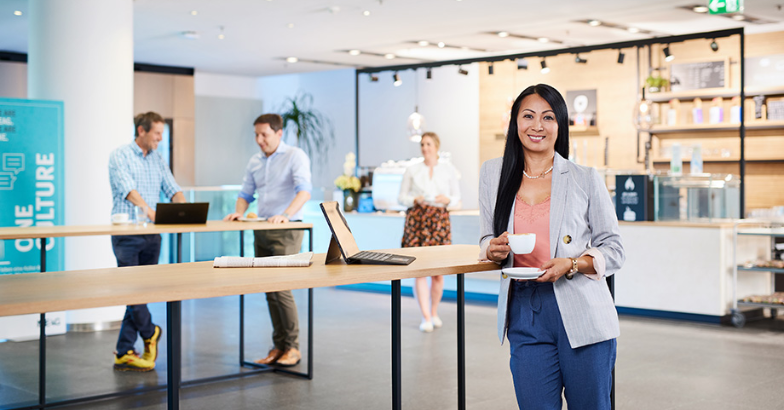 People working in a coffee area