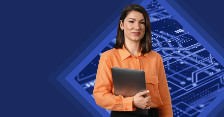 Frau hält einen Laptop vor einem Hintergrund mit Technikkreisen.