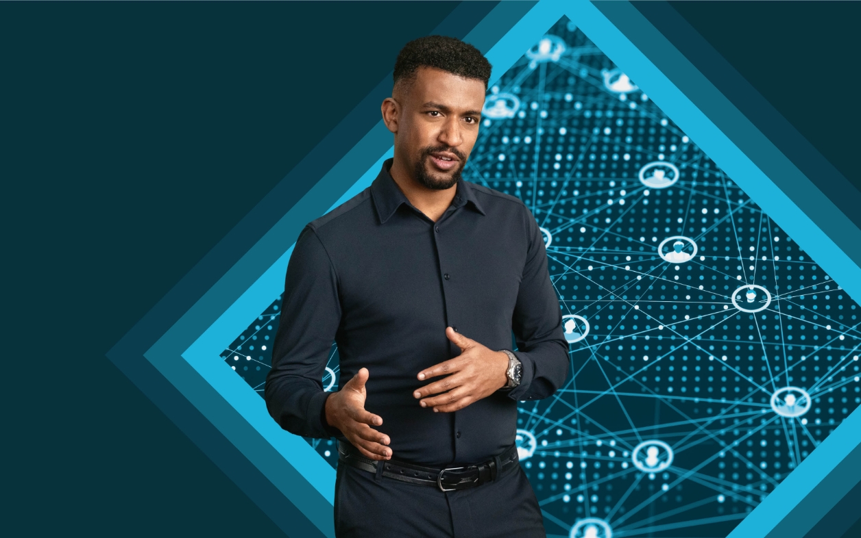 Person in front of digital network background.