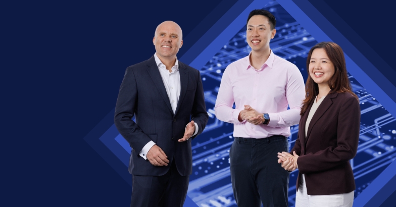 Three professionals smiling, tech background behind