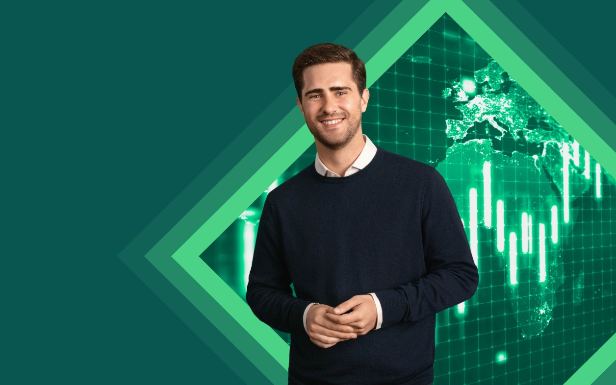 Smiling man standing in front of world map chart.