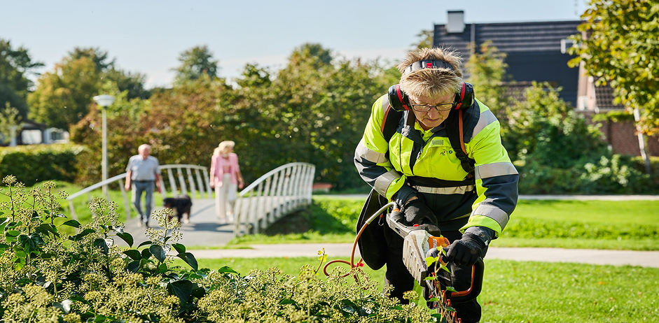 Medewerker snoeit struiken in park met machine.