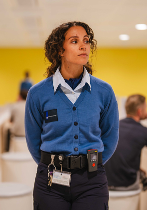 Beveiliger staat in toezichtruimte met bezoekers