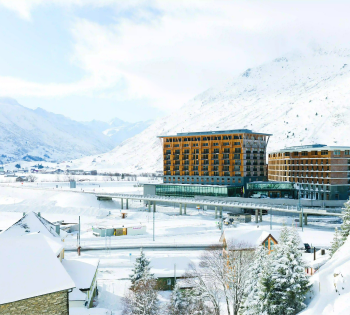 Modern buildings in a snowy landscape
