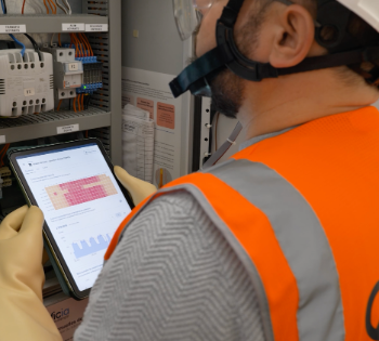 Worker checking tablet analytics inside electrical panel