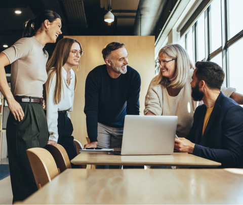 Professionals collaborating during a work discussion.