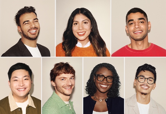 Grid of diverse people portraits on neutral background