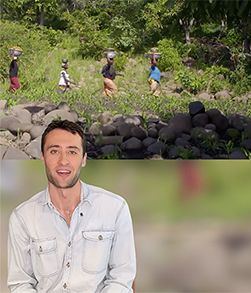Split layout image showing person speaking foreground, group walking background