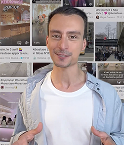 Person speaking in front of digital collage background