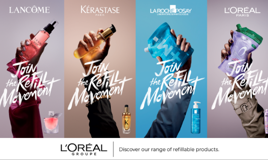 Four colorful product bottles held against pastel backgrounds