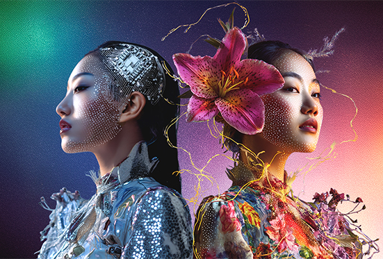 Futuristic portrait with floral cyberpunk twins II