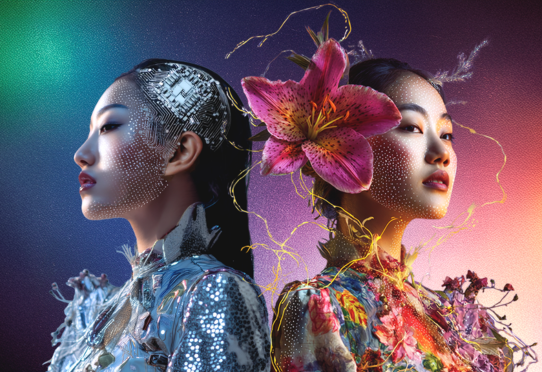 Futuristic portrait with floral cyberpunk twins II
