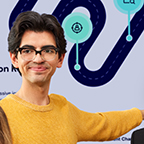 Person pointing at a screen with a graphic