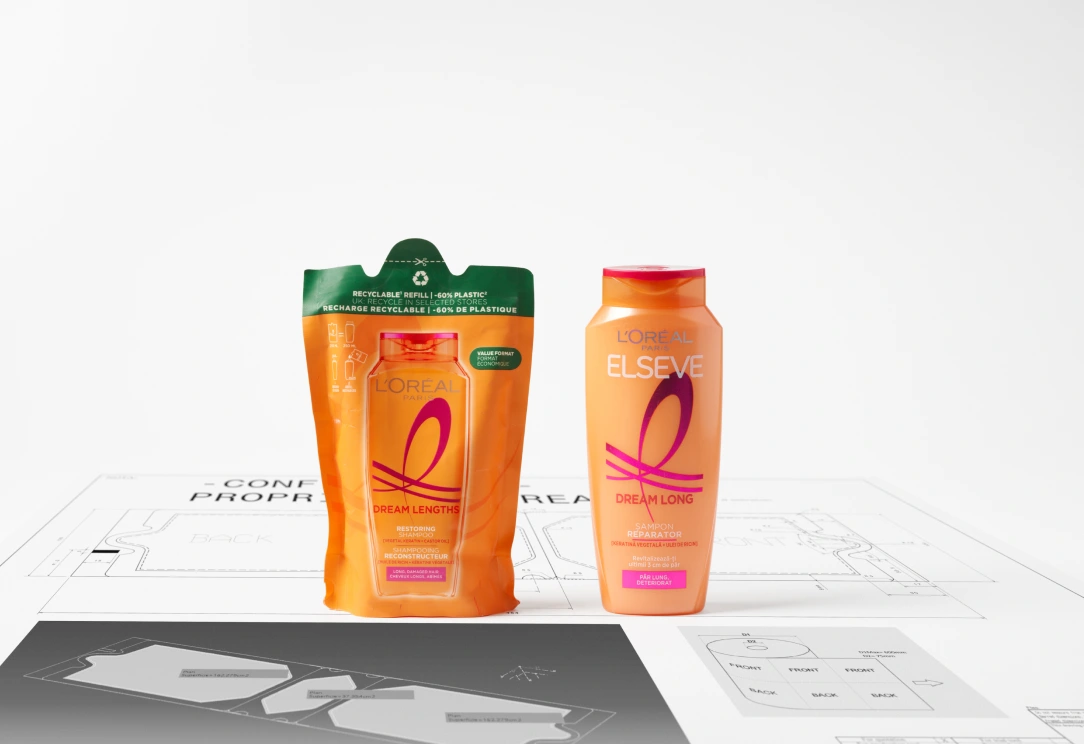 Produits L’Oréal Elseve sur un plan de conception.