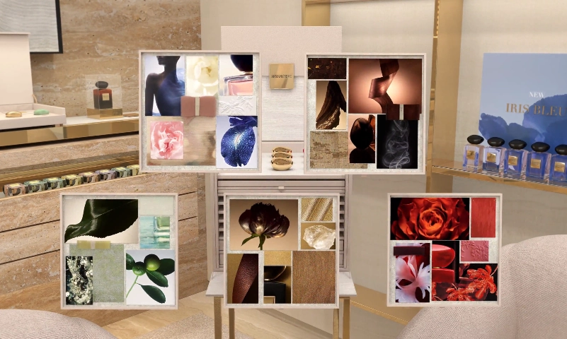Luxury perfume display with floral mood boards and bottles