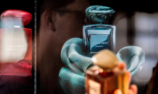 Luxury fragrance bottles on display