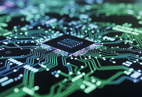 Close-up microchip with glowing circuit board pathways