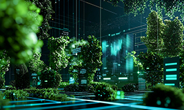 Lush green futuristic garden with digital interface and glowing data overlays