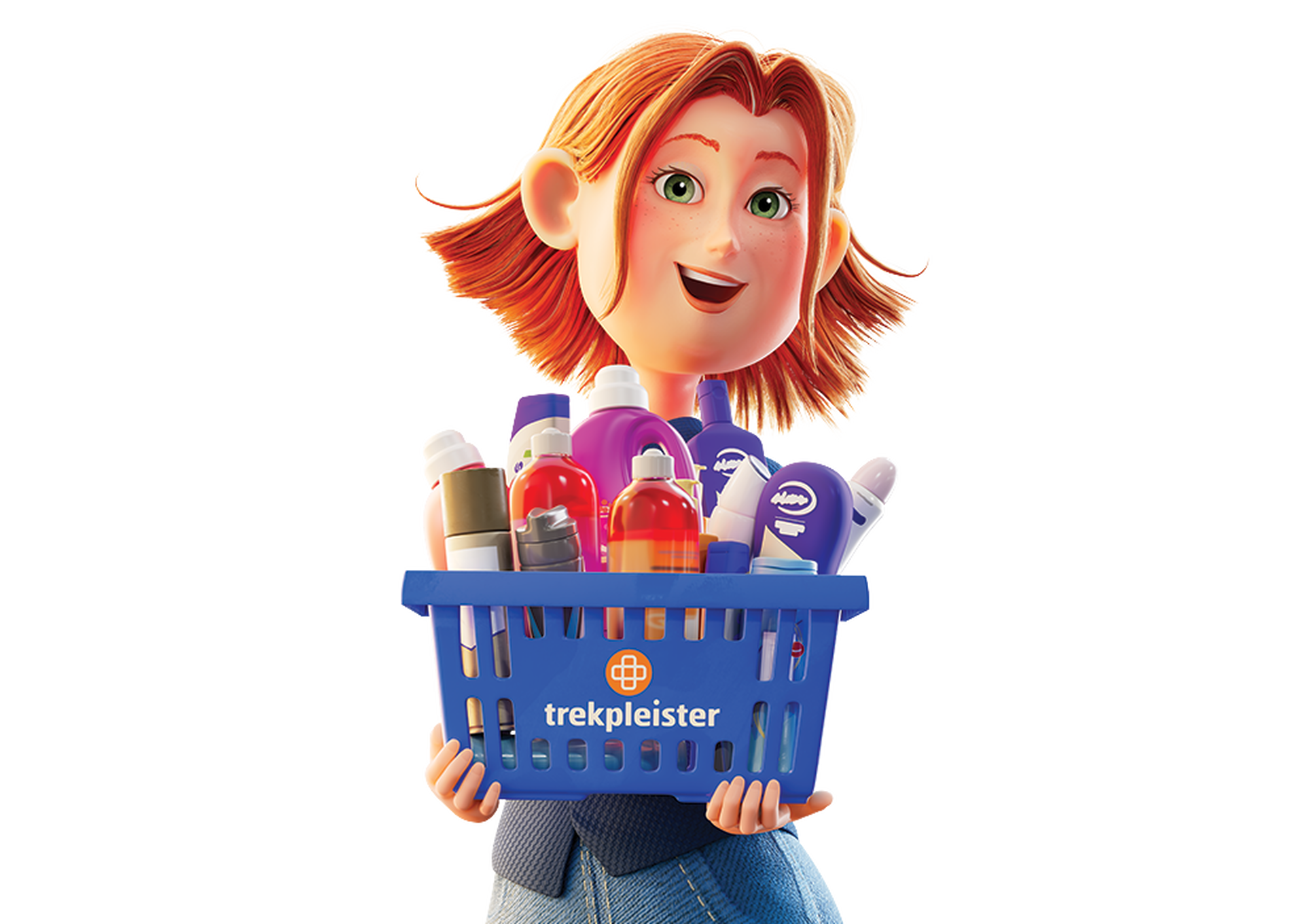 Cartoonfiguur met winkelmand vol verzorgingsproducten