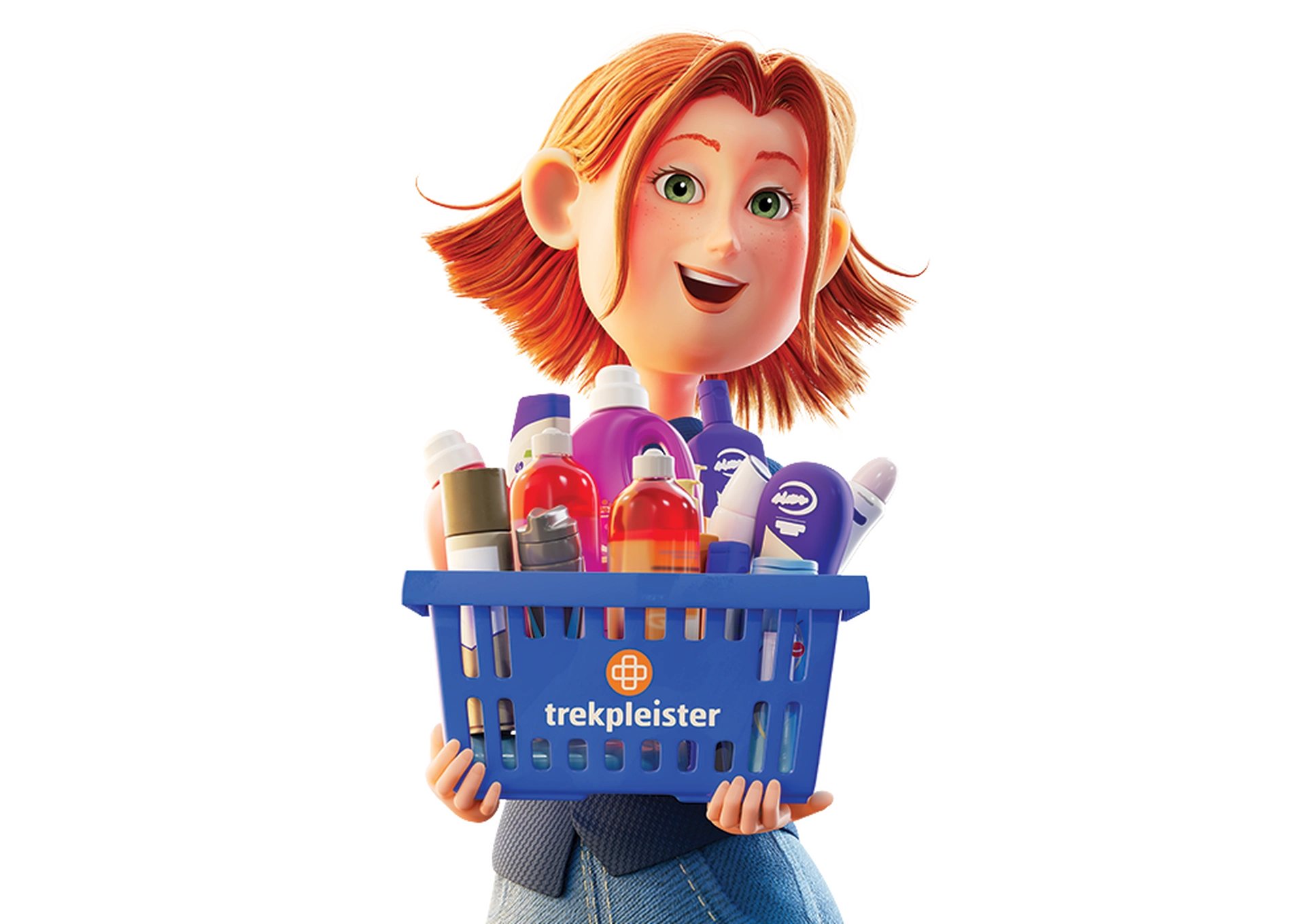 Cartoonfiguur met mand vol flessen