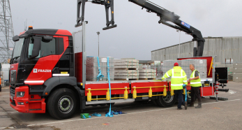 Flatbed truck unloading pallets with crane and crew